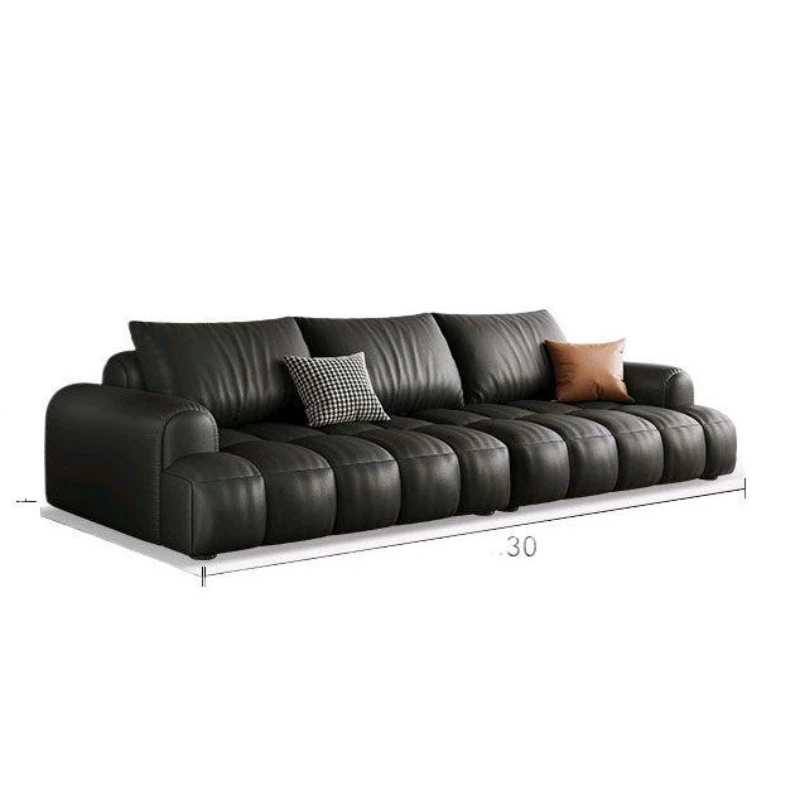 Leather cowhide American retro style puff sofa wide light luxury straight row sofa home fashion leather sofa