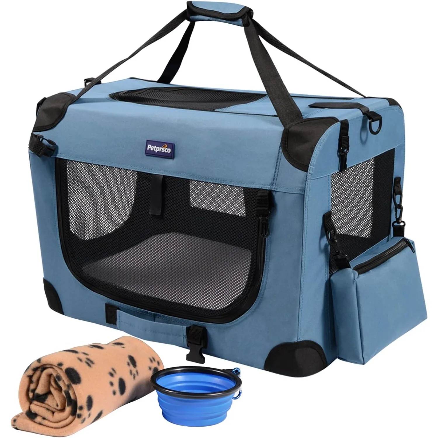 

Petprsco Portable Collapsible Dog Crate, Travel Dog Crate 24x17x17 with Soft Warm Blanket and Foldable Bowl for Large Cats