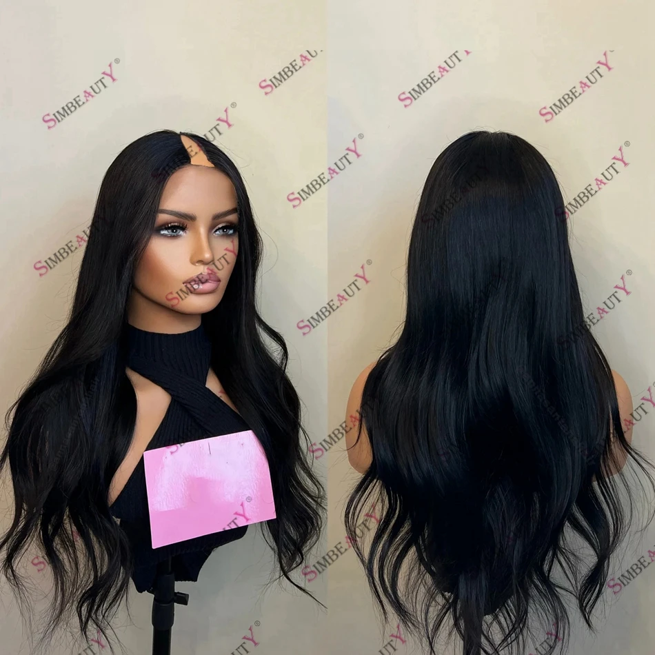 

Human Hair Jet Black Brown Indian Remy Hair 1x4 V Part Wig for Black Women with Clips 200% Density Natural Wave Wigs