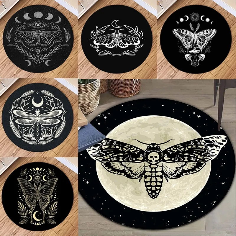 1pc Butterfly Moon Star Round Rug Machine Washable Moth Print Carpet Home Hotel Living Room Floor Mats for Fall Halloween Decor