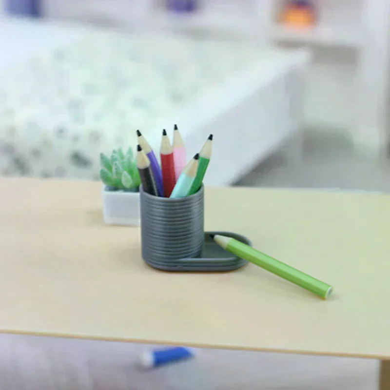 1:12 Dollhouse Miniature Decorative Stationery Set; Pretend Play Pen Holder & Colored Pencils Set Doll Home Toys