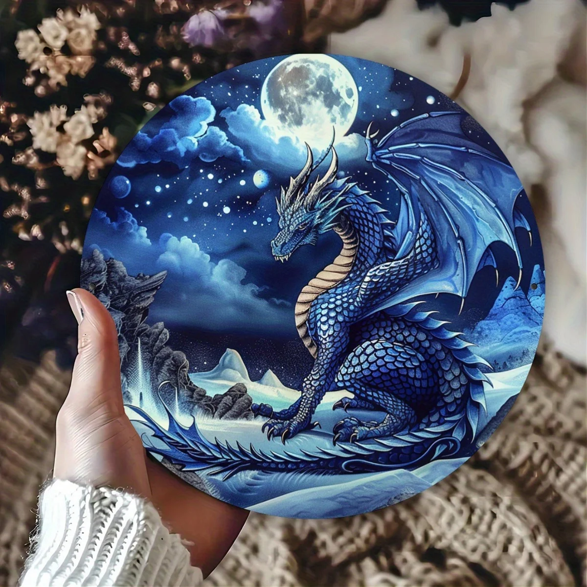 1 Stück Fantasy Blue Dragon Aluminium-Wandkunst, 20,3 x 20,3 cm rundes Vintage-Metallschild, Innen- und Außendekoration für Zuhause, Café, Restaurant,