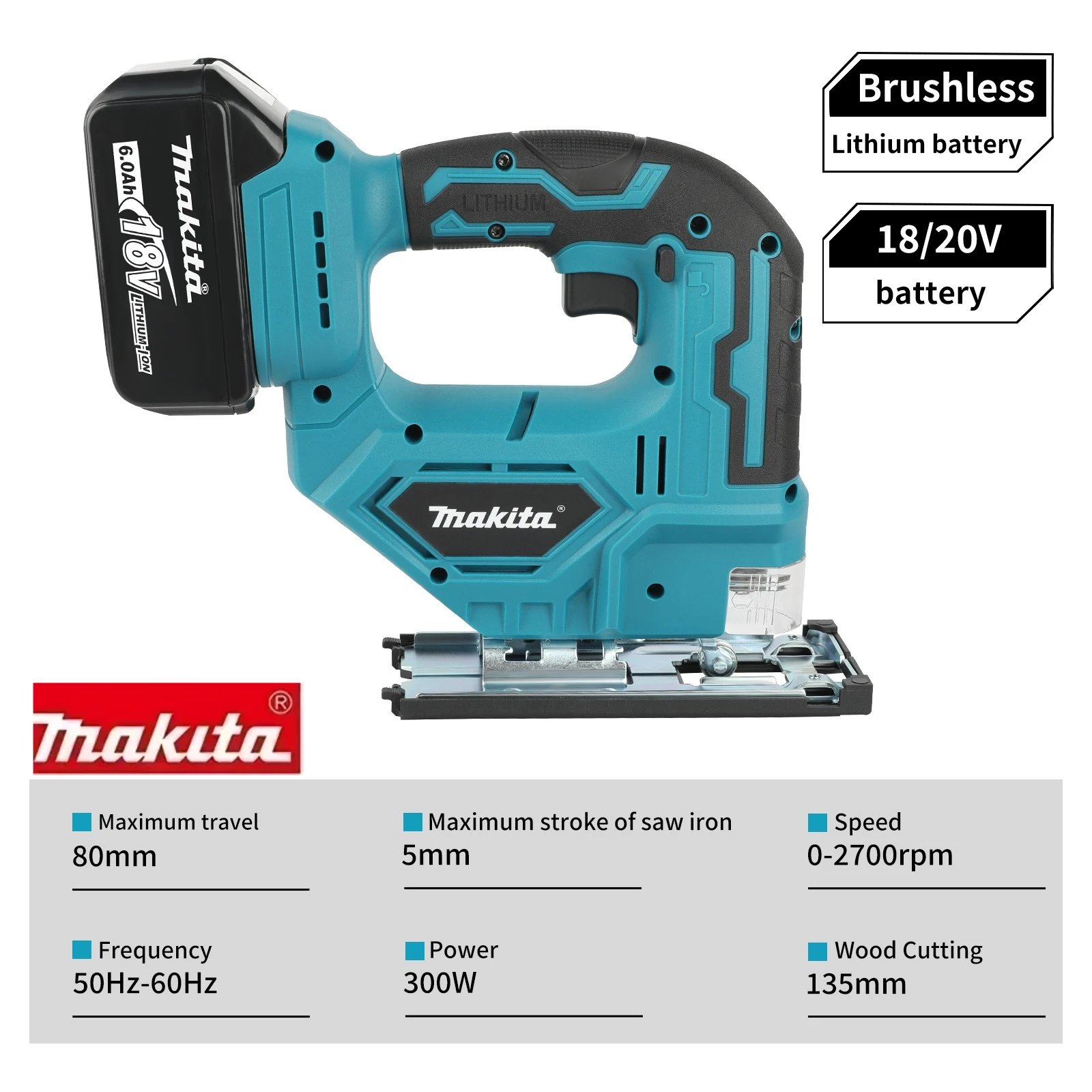 

2025 Makita DJV182Z Cordless Jigsaw:18V,300W,0-2700rpm,80mm Stroke,±45° Cutting Angle,For Wood/Plastic/Metal Cutting Jobs new