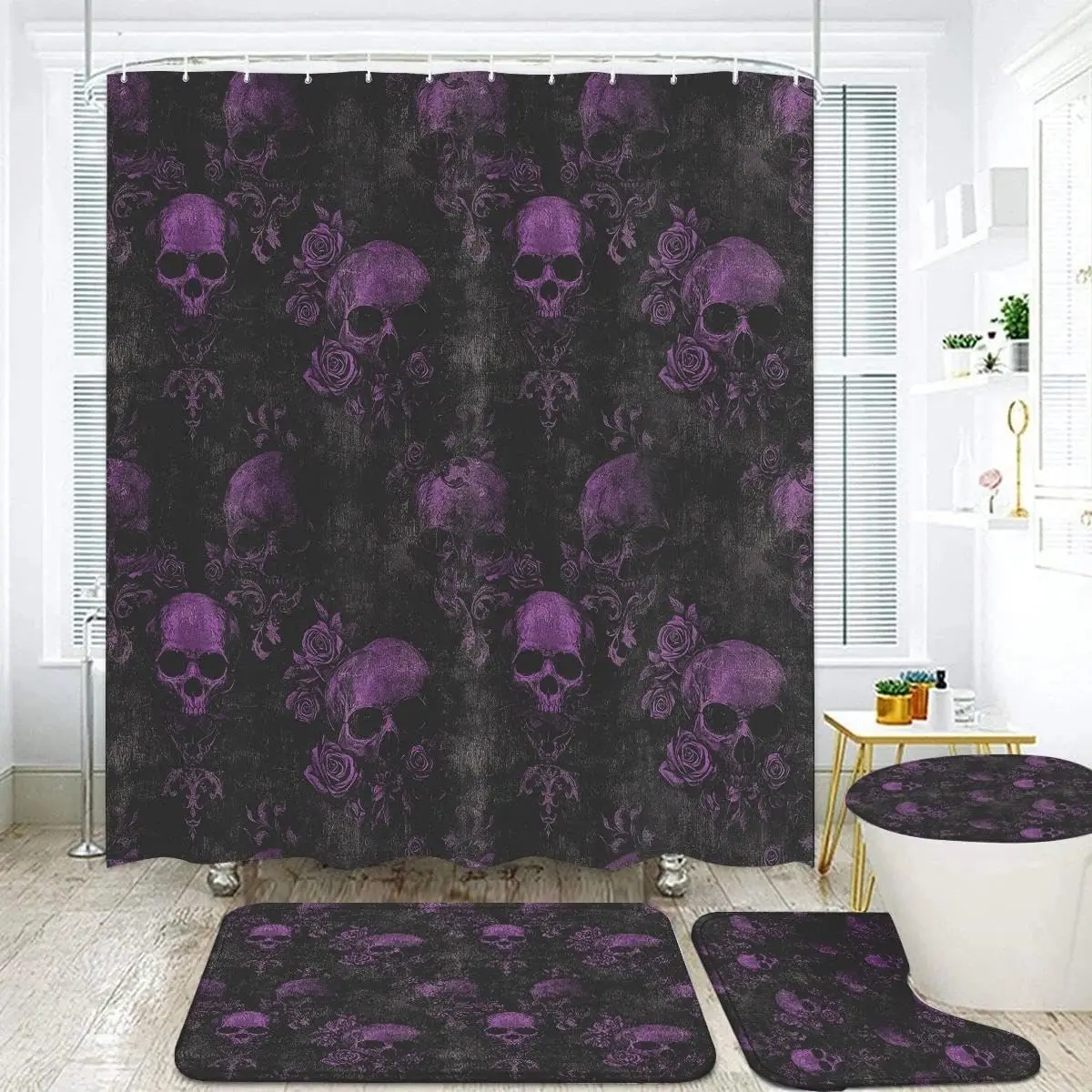

Gothic Skull Bathroom Set, 4-Piece with Shower Curtain Bath Mat, Contour Rug, Toilet Lid Cover, Purple Roses Skull Patter