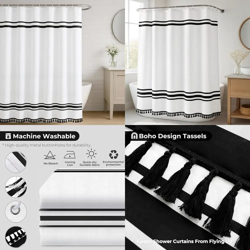 

Черно-белая занавеска для душа, занавеска для душа в фермерском доме, полосатые занавески для душа для ванной комнаты, занавески для душа в стиле бохо с заданиями