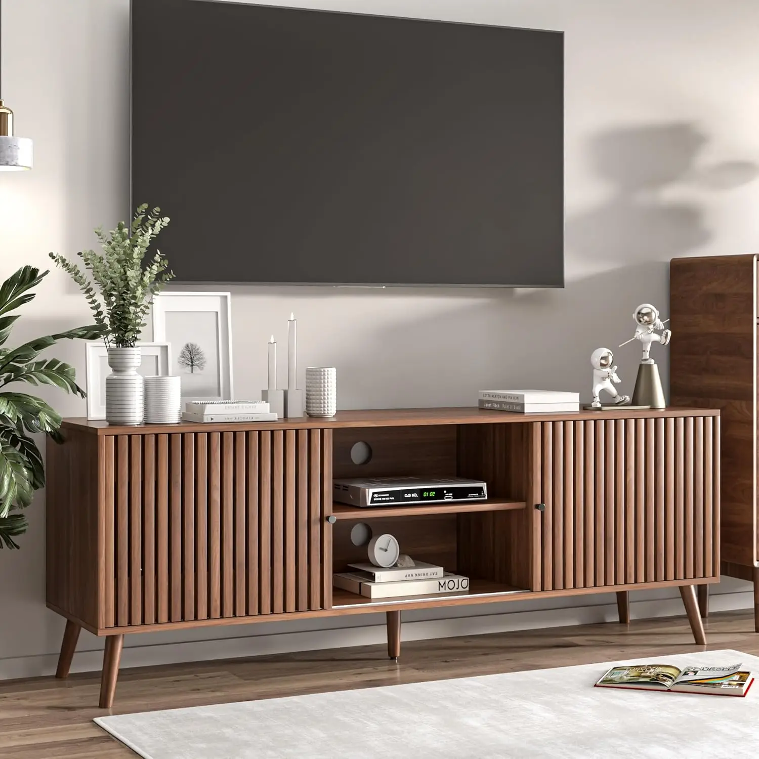 

Тумба под телевизор в стиле Mid-Century Modern для телевизоров до 70 дюймов, с раздвижными дверцами и местом для хранения, подставки под телевизоры, ТВ-консоли