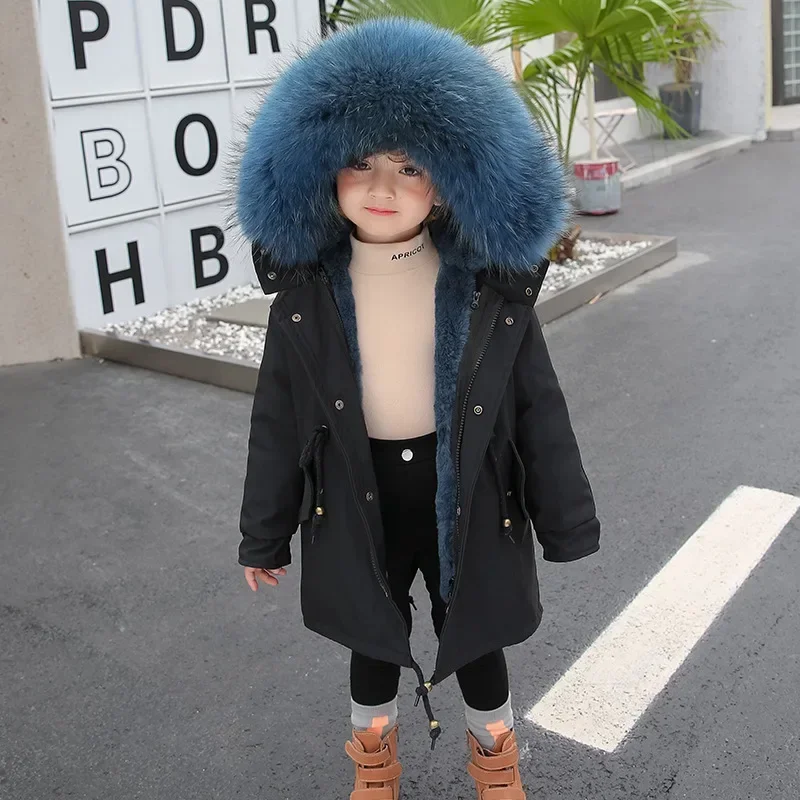 

Winter Girls Boys Real Fur Coat Detachable Parka Rabbit Fur Liner Raccoon Fur Collar Children Girls Thicken Warm Outerwear TZ609