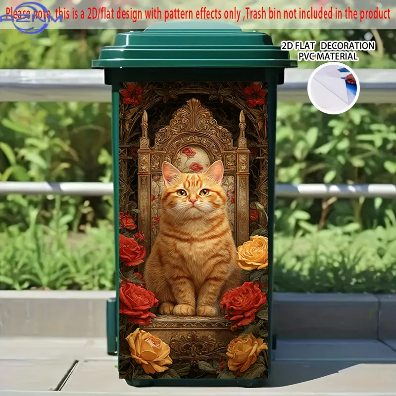 [2D Flat Printing] 1pc 2D Pattern Printed Kitchen Trash Can Sticker X Cm Throne Orange Cat And Flowers Theme Kitchen Home Deco