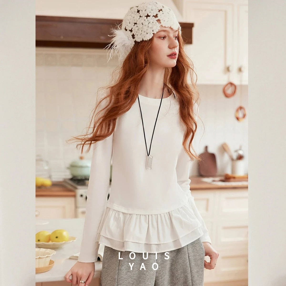 

LOUISYAO Sweet Double Layered Ruffle Edge Long Sleeve Shirts 2025 Autumn Tees Micro Elastic Round Neck Women's T-shirt Top