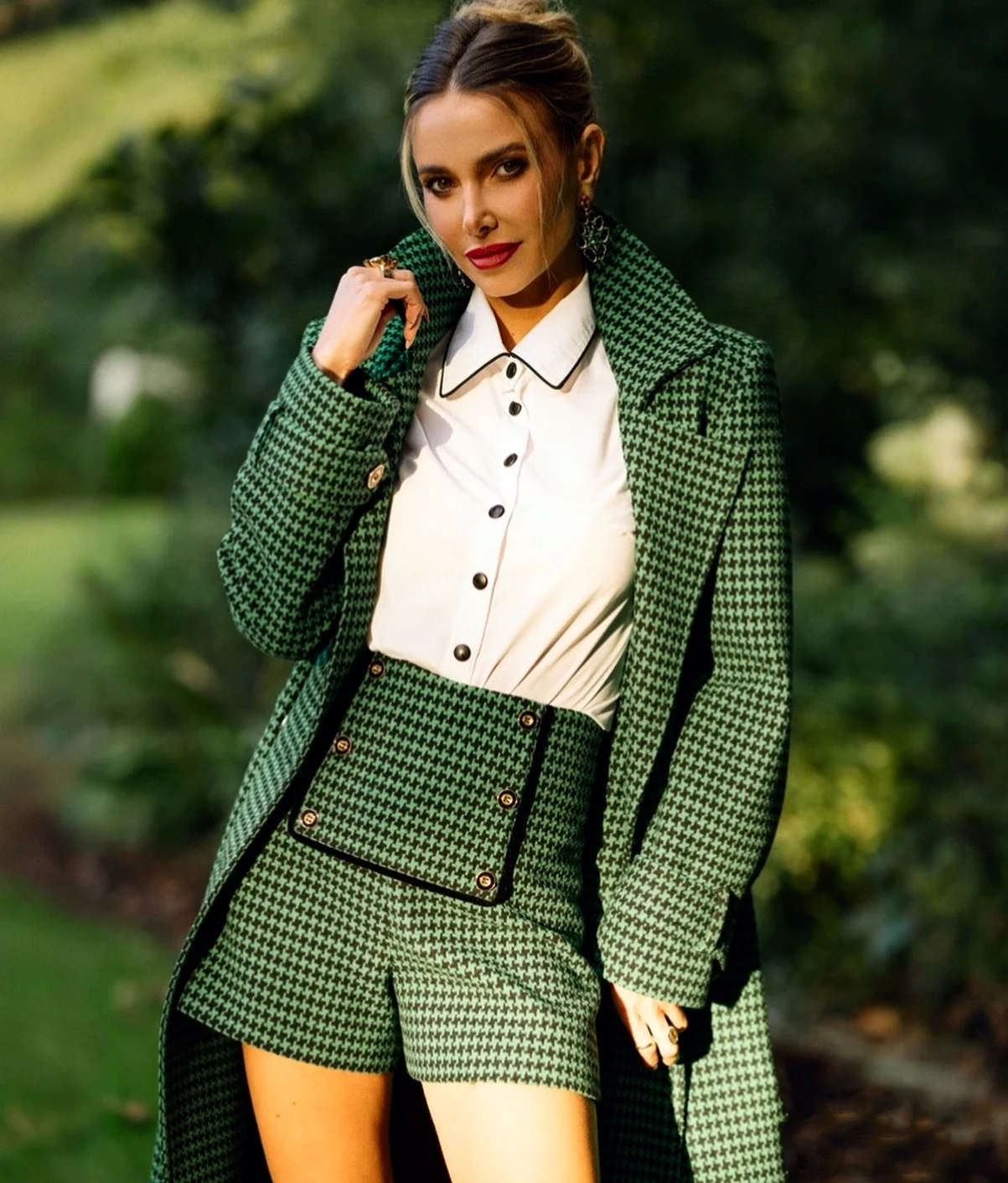 Women's Suit Green Lattice Dress Elegant Long Coat For Female Set 2 Pieces Long Sleeves Suit Skirt Crop Top Suits Customized