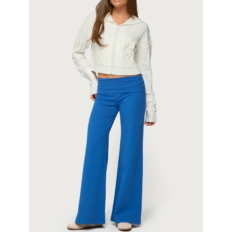 Combhasaki Fold Over Waist Flare Legging for Women Y2K Elastic Low Rise Wide Leg Slim Fit Long Yoga Pants Going Out Sweatpants