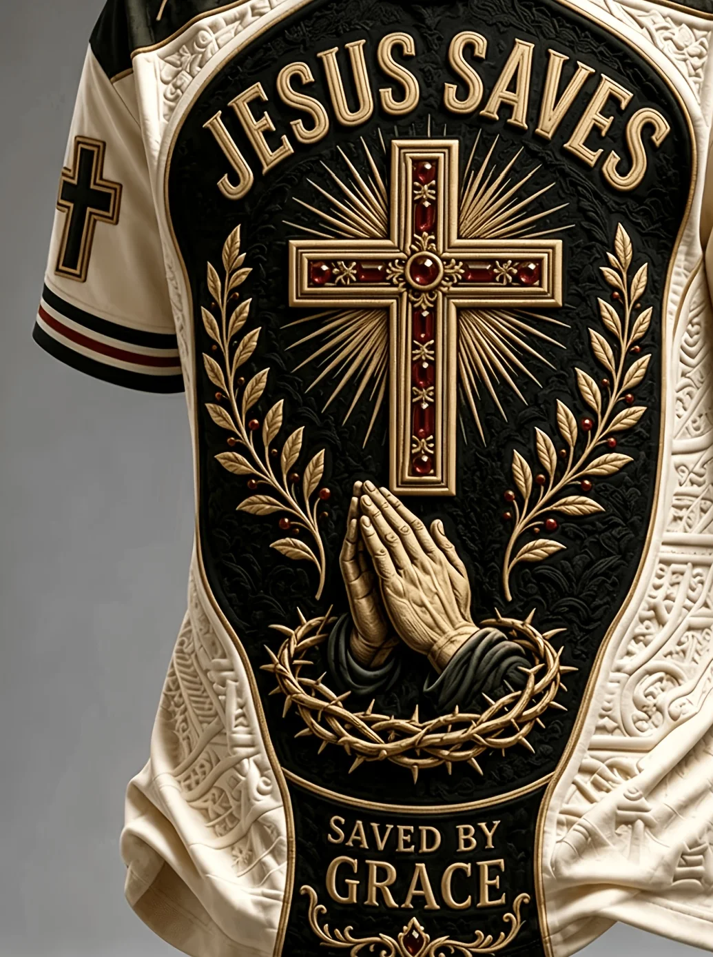 Men's short-sleeve T-shirt featuring a vintage print of a cross, prayer hands, crown, and wheat ears, suitable for worship and d