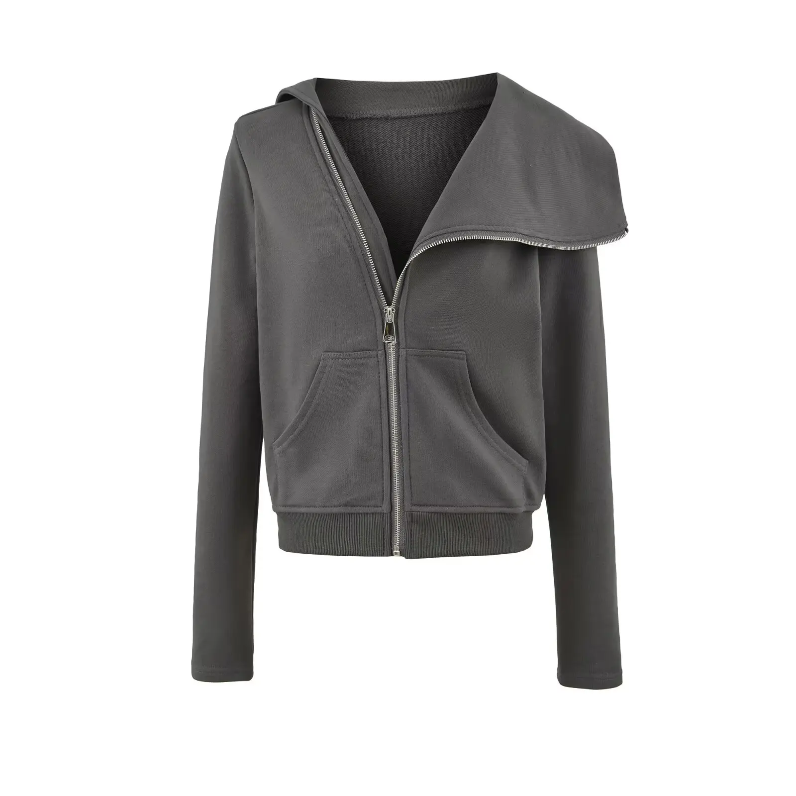 Bluza z kapturem na zamek, nieregularny krój, dopasowany kardigan damski, długi rękaw, bawełniana bluza dresowa, modna na dojazdy do pracy.