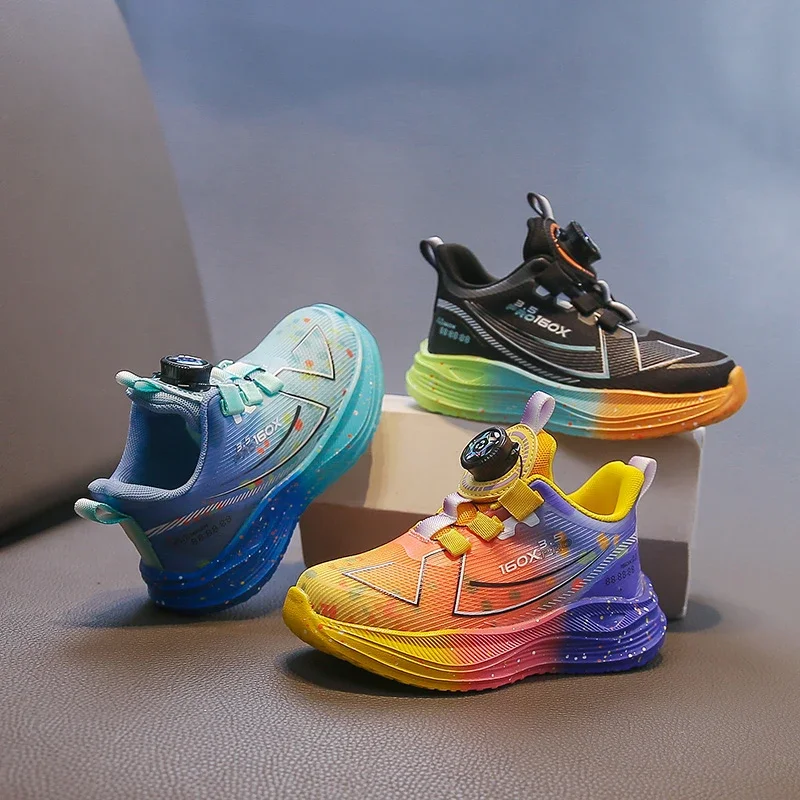 

Детские кроссовки с вращающейся кнопкой, красочные красивые кроссовки для мальчиков и девочек, осень 2023, детская спортивная обувь на толстой мягкой подошве