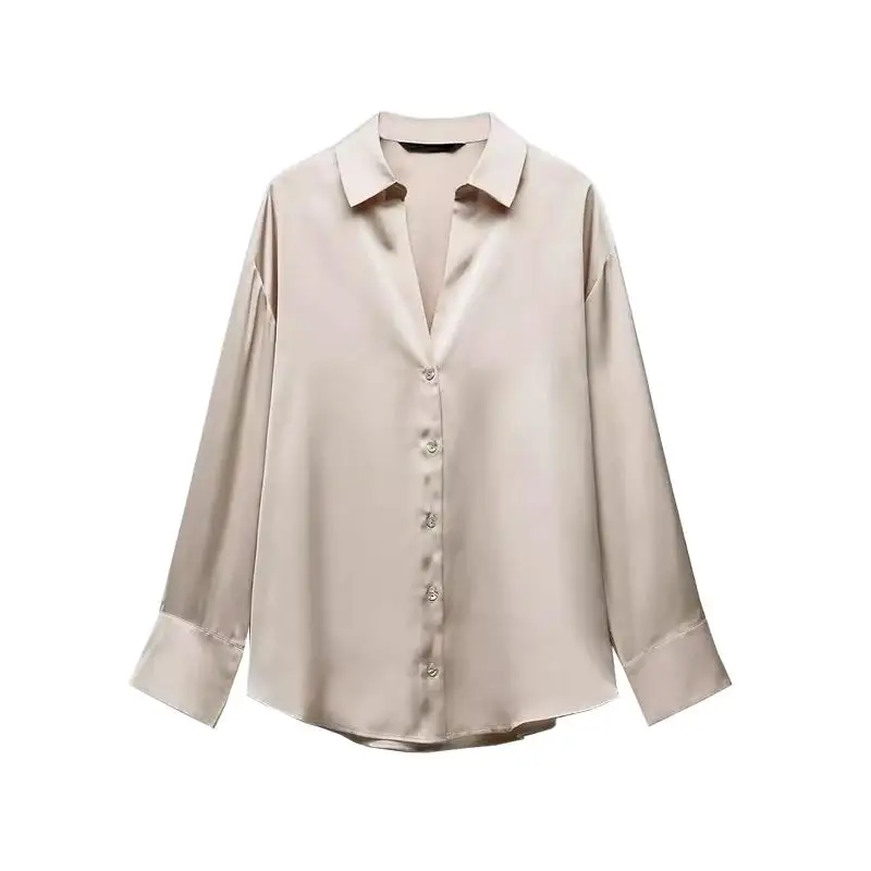 

Silk Satin Long Sve irt Single Button Turn-down Collar Spring New Arrival Women's Casual Faion s Polyester Fiber