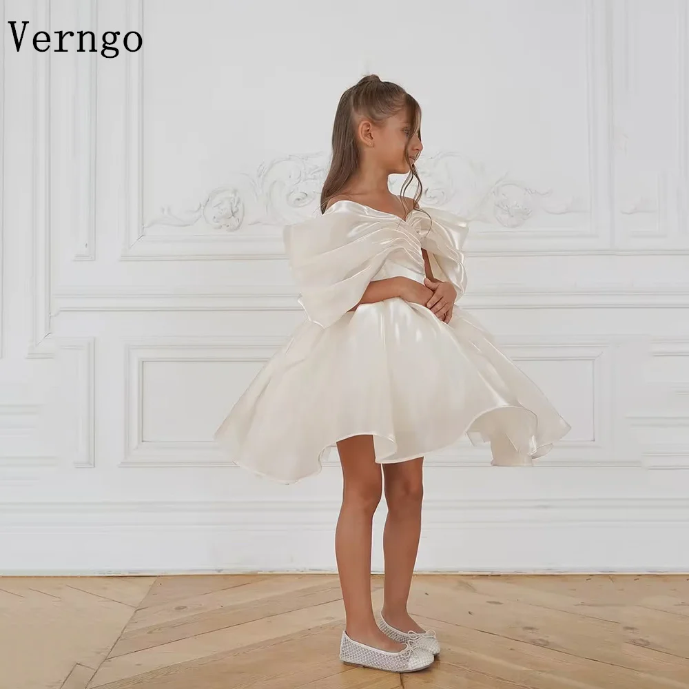Verngo lvory Satin Mini Girl Flowers Dress Off The Shoulder Shiny Bow Birthday Party Gowns Princess Celebrity Dress Customized