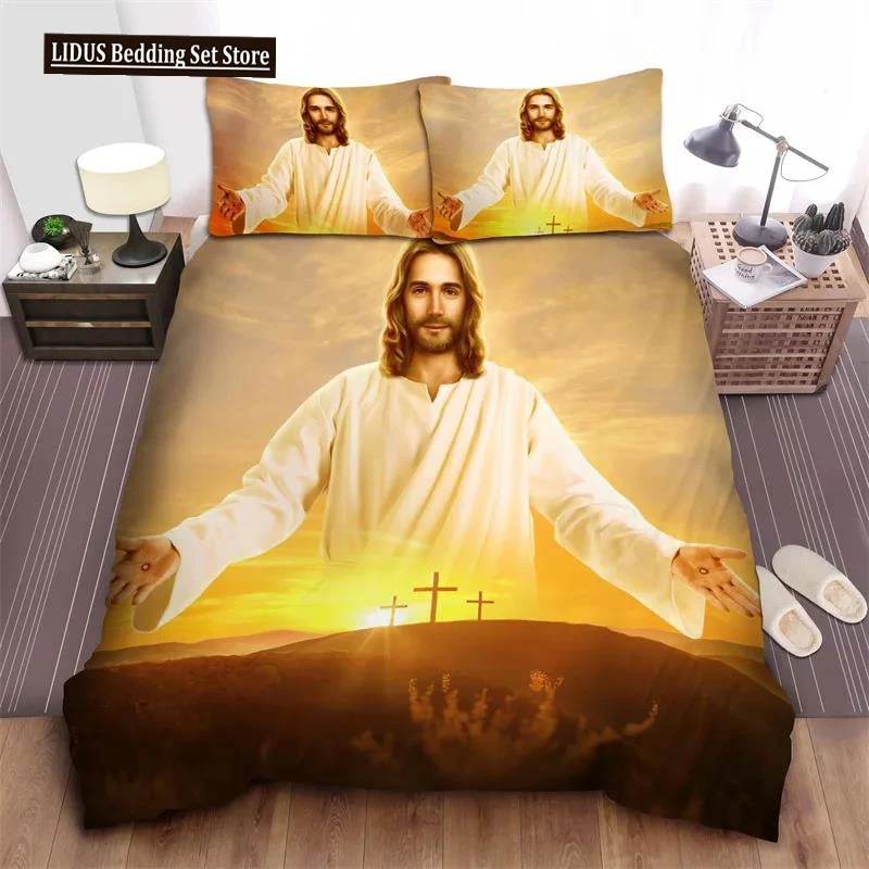 

3D Jesus Duvet Cover Set Christian Sacred Jesus Polyester Bedding Set Cross Comforter Cover Suitable For Christian Jesus King