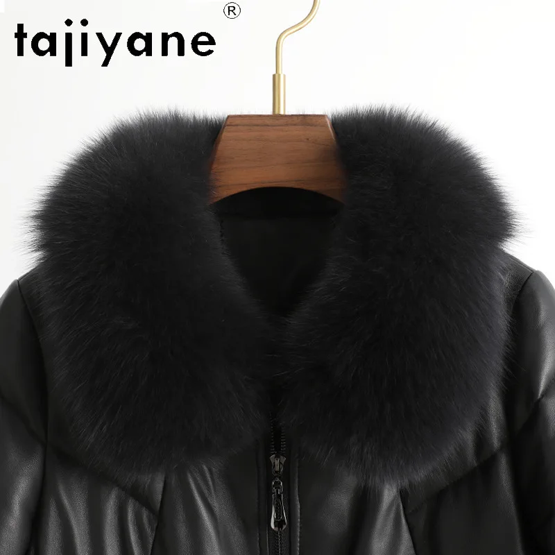 Tajiyane-Veste en cuir 100% véritable pour femme, manteau mi-long en peau de mouton véritable, col en fourrure de renard, chaud, mode hivernale