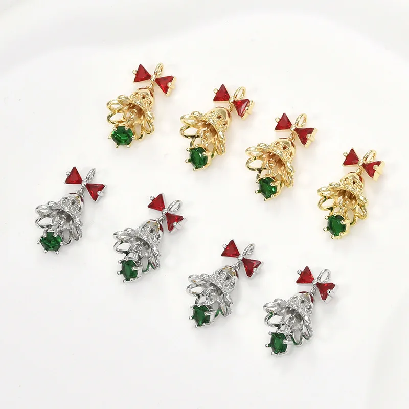Copper-plated 14k Gold Christmas Series Zircon Bow Bell Pendant DIY Bracelet Necklace Ear Jewelry Pendant Accessories