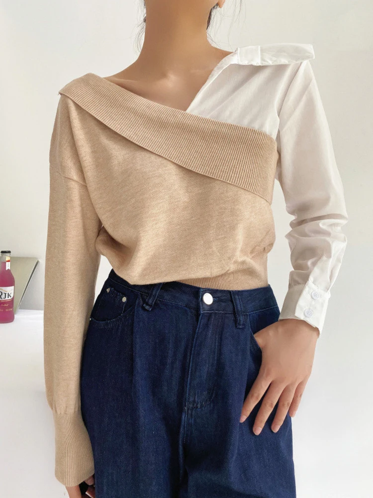 TWOTWINSTYLE Korean Shirt For Women Lapel Long Sleeve Colorblock Patchwork Knitting Blouse Female Summer Fashion 2023 Clothing