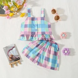 Summer Beach Girls' Strap Shorts Set Baby Girls' Bottom Lace Multiple Colors Checkered Printed Strap Shorts