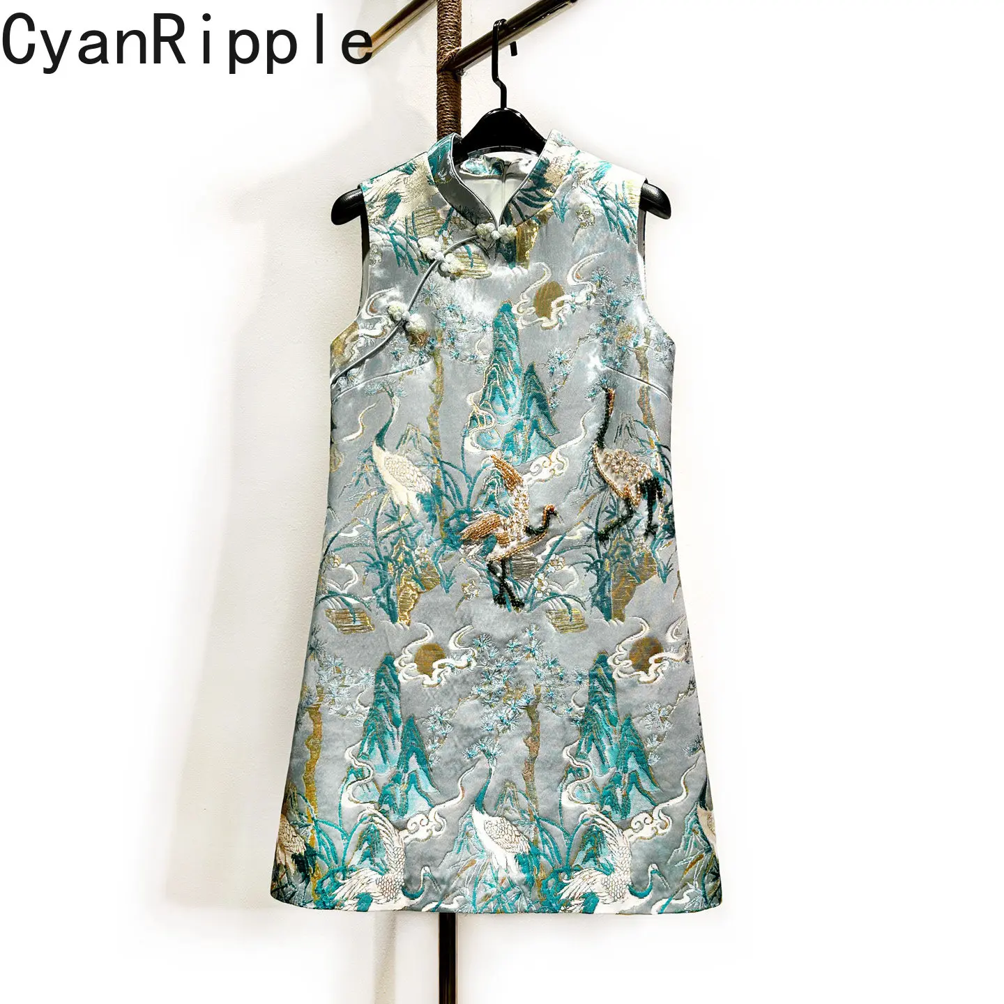 

Высококачественное винтажное китайское короткое платье-ципао с элегантным воротником-стойкой, жаккардовым узором «Лебедь» и бисером, женское платье А-силуэта без рукавов