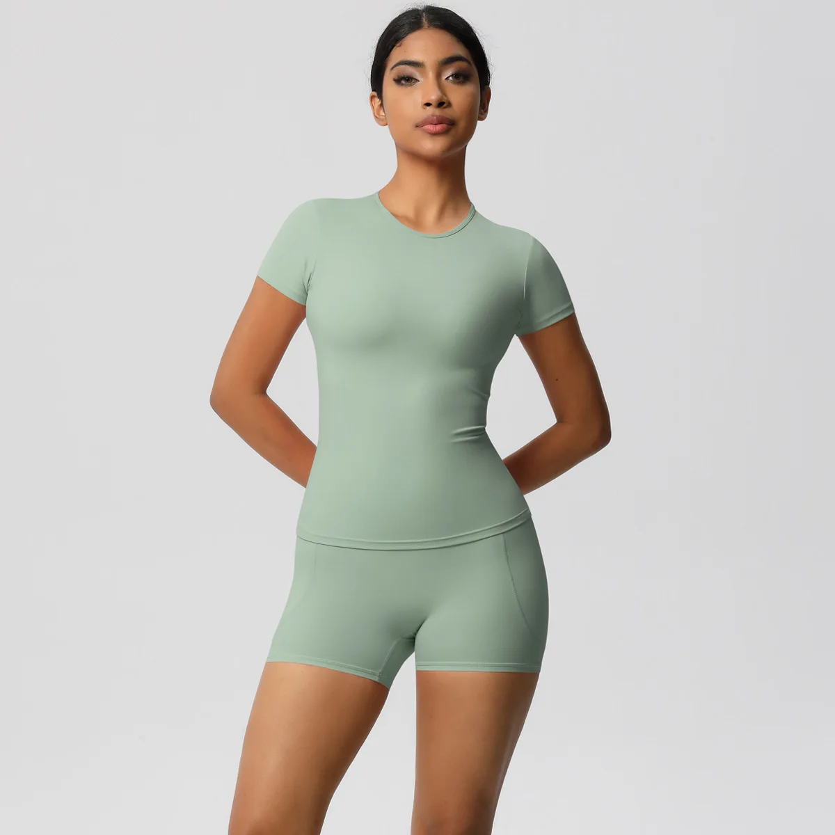 Rooftrellen Summer Breathable Yoga T-Shirt Women's Top Running Short Sleeve Quick-Dry High Waist Pockets Shorts Yoga Suit