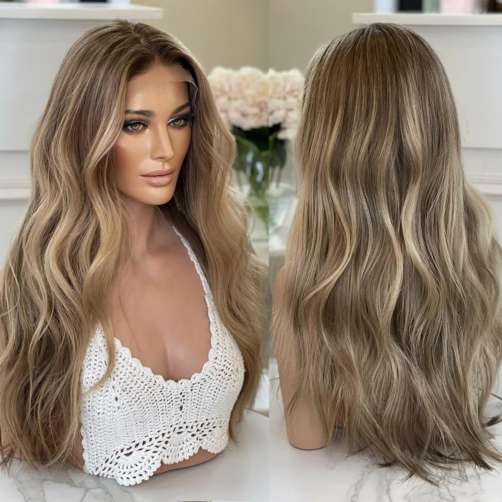 

24-дюймовый синтетический парик с центральным пробором, светло-коричневый с мелированием, с эффектом свободных волн, без клея, для женщин, для повседневного использования, готов к носке