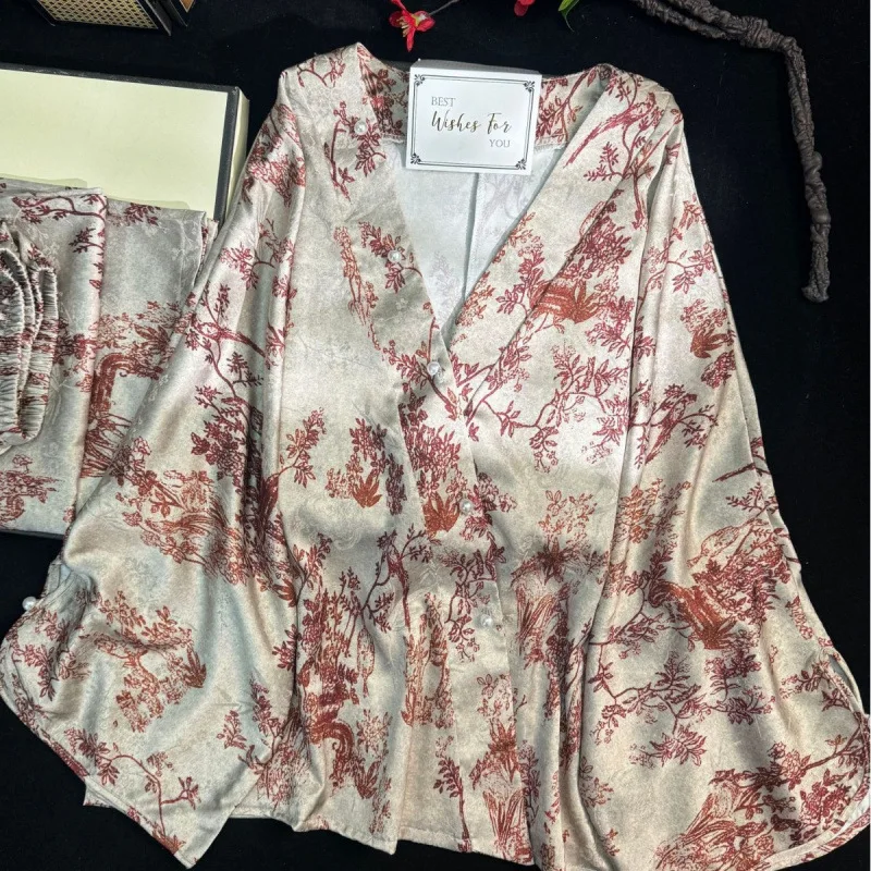

Women's Pajamas Chinese Style Pijamas Mujer Satin Sleepwear Print Long Sleeve Top Pants Summer Spring New Loungewear Nightwear