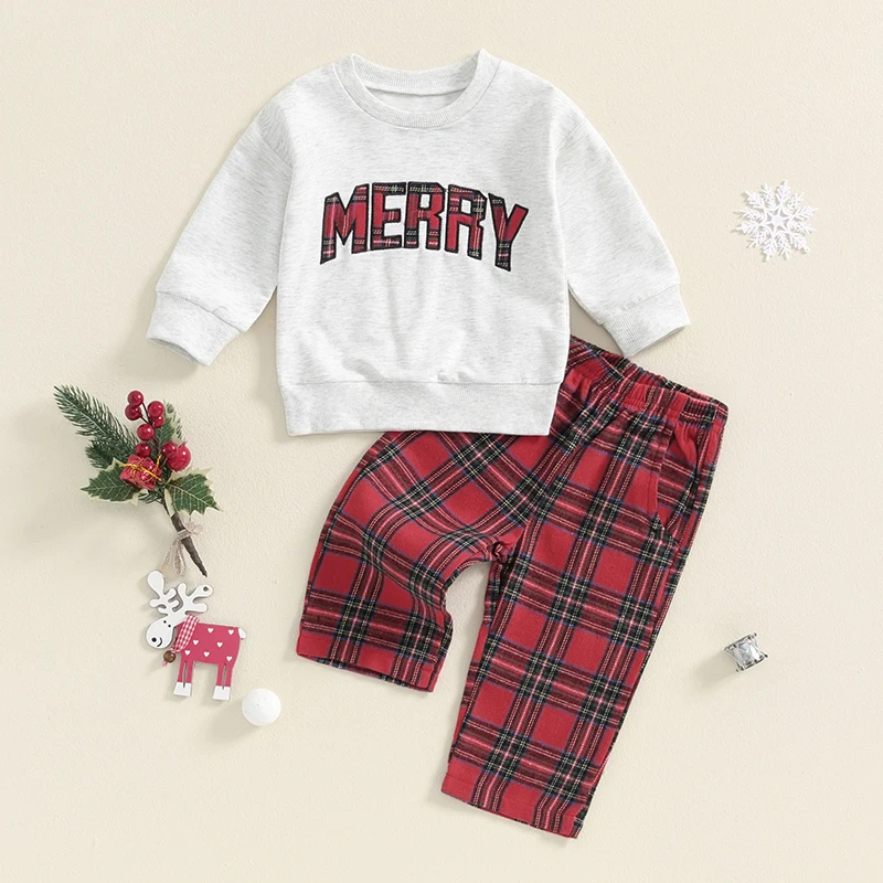 2024-06-13 Lioraitiin 6M-4Y Boys Girls Christmas 2PCS Outfit Sets Long Sleeve O Neck Letter Embroidery Tops Plaid Pants Sets