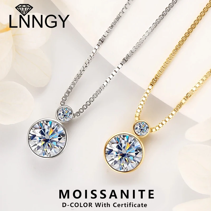 

Lnngy Double Bezel Moissanite Necklace 925 Sterling Silver Pendant Necklaces For Women 8mm 3mm Moissanite Box Chain Neck Jewelry
