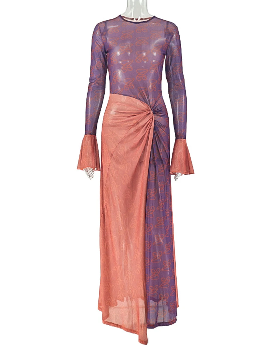 ZIML Sexy Druck Falten Strand Stil Kleider Für Frauen Rundhals Langarm Hohe Taille Sommer Casual Kleid Weibliche Mode Neue