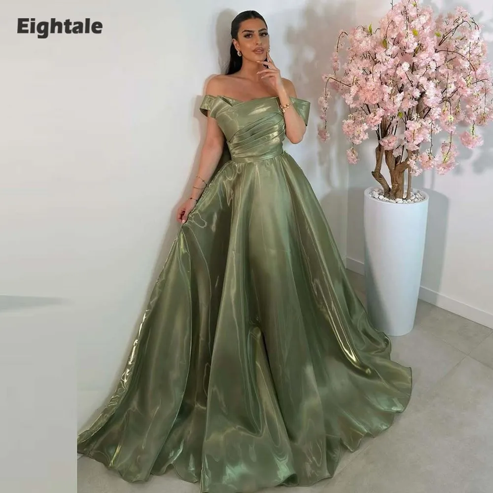 

Eightale Arabic Evening Dresses off Shoulder Green Customized A-Line Shiny Satin Prom Wedding Party Gown