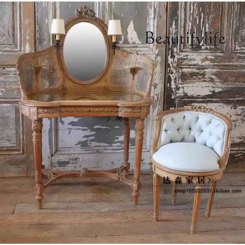 N Meja Rias Tua Retro Kayu Solid Perancis Bangku Rias Antik Eropa Meja Rias Amerika