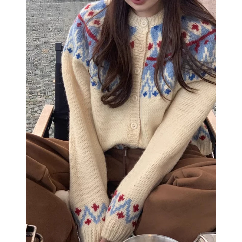 Chaqueta de suéter de punto de manga larga para mujer, ropa de abrigo versátil con diseño de bloques de Color suave, bordado,...