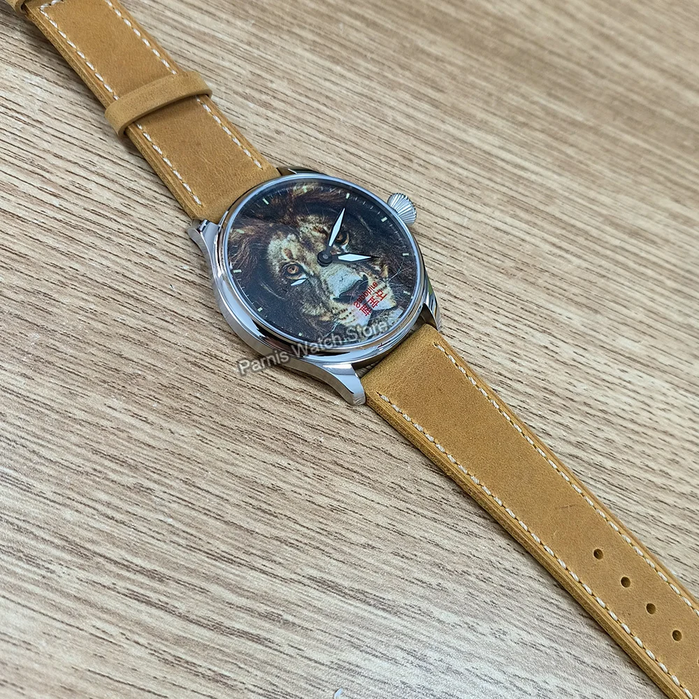 Parnis 44mm Handaufzug Herren klassische Tiger Löwe Zeichnung Zifferblatt Armbanduhr Anpassung akzeptabel