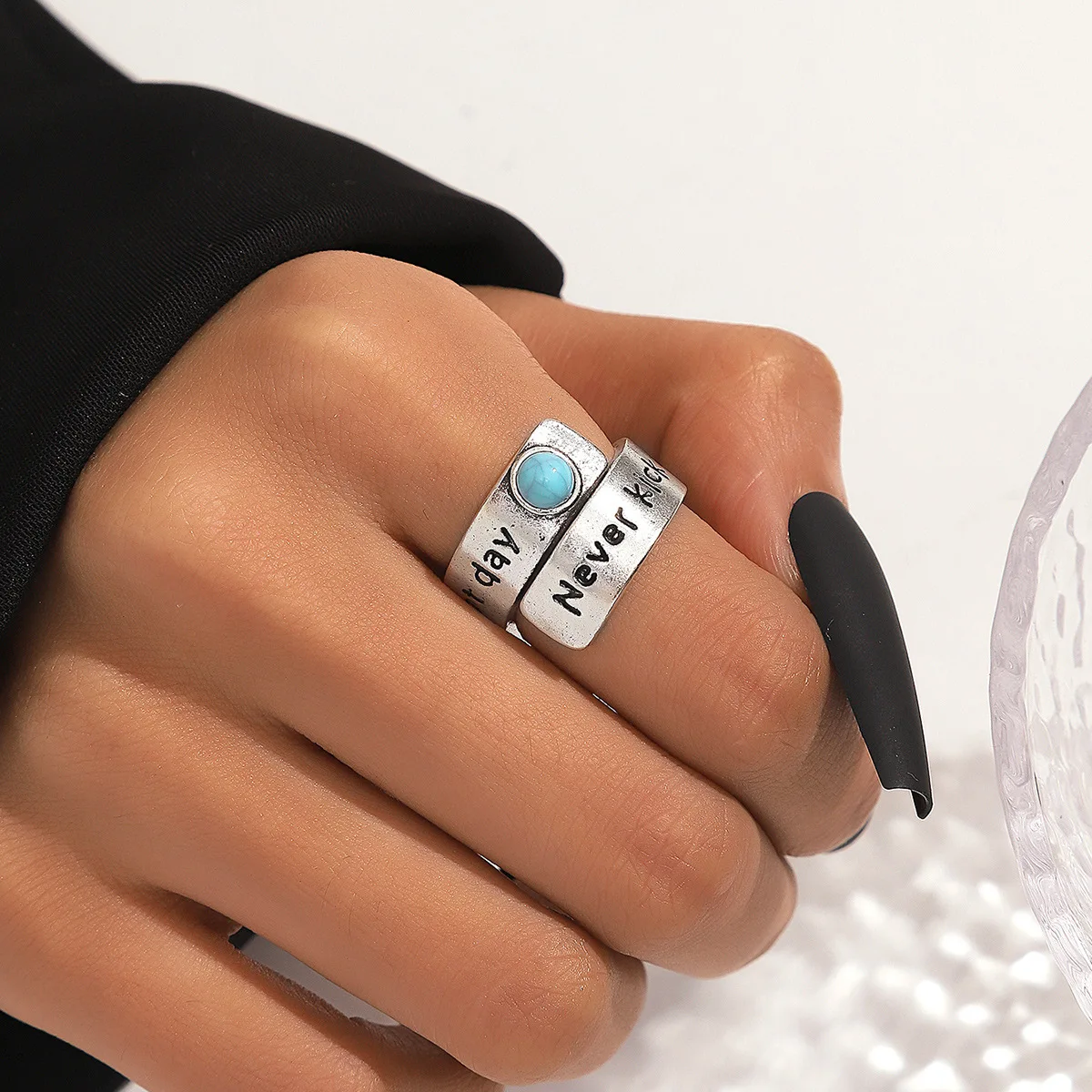 European and American cross-border retro inlaid turquoise personality fashion temperament high-end single ring