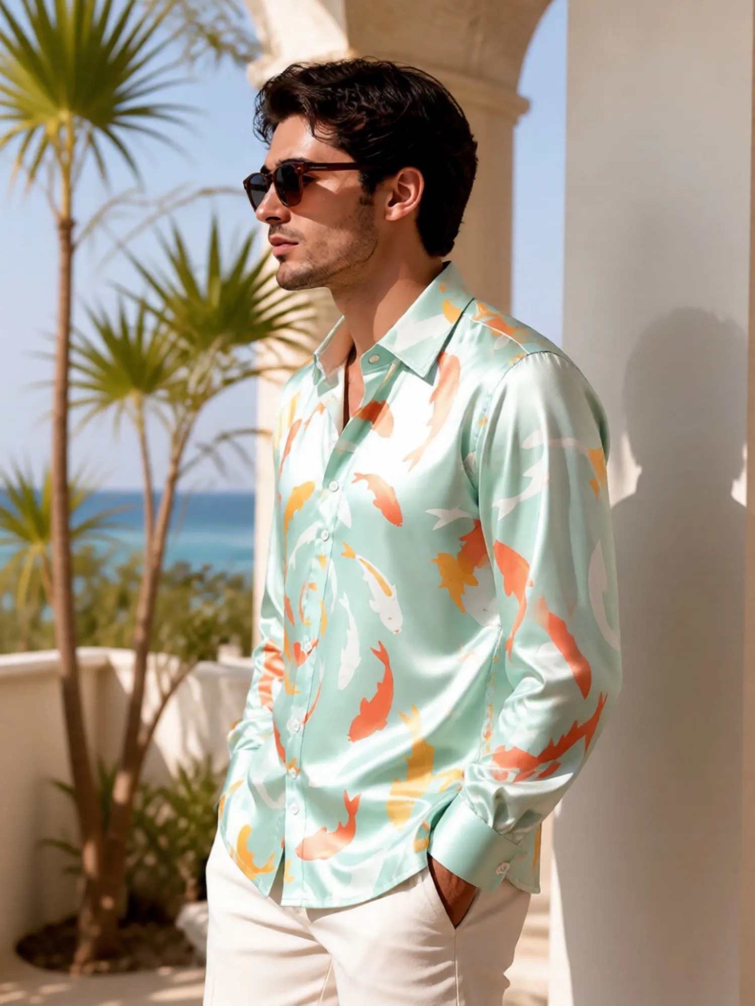 Mens Satin Long Sleeve Button Down Printed Dress Shirt Smooth Glossy Fabric Polished For Office Business Commute Work Daily Wear