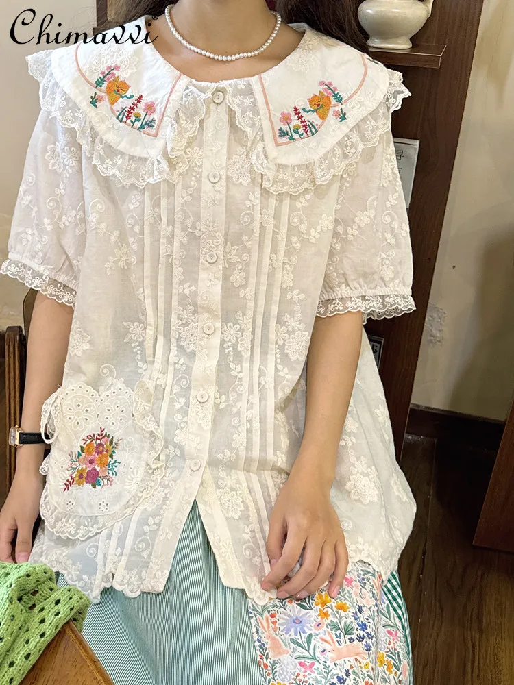 Mori Fashion Lace Short Sleeve Shirt Summer Retro Girl Flower Embroidered Peter Pan Collar Blouse Ladies Sweet Top All-match