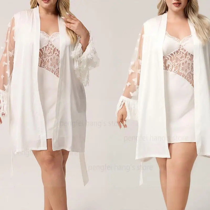 

Women Big Size 3Xl 4Xl 5Xl Robe Set Bride Wedding Dress Bathrobe Gown Sexy Spaghetti Strap Pajamas 2Pcs Nightgown Lingerie