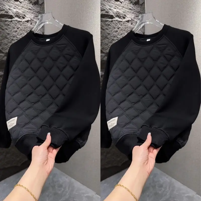 

New Autumn and Winter Fashion Trend Diamond Grid Warm Base Cover Round Neck Top Men's Simple Hoodie Fashion Casual Top