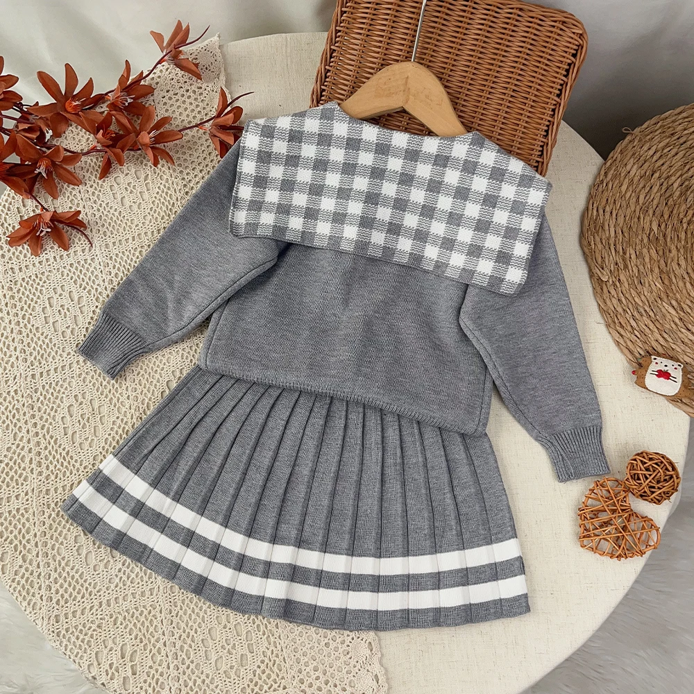 Koreanische Version Süße Niedliche Kinderkleidung Herbst und Winter Pullover-Sets Mädchenbekleidung Langärmliges Kariertes Oberteil + Kurzer Rock – Detail 12