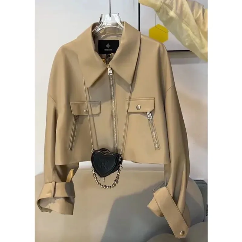 Leather Coat Spring Autumn 2024 New Retro Short Coat Women Fashion Zipper Pocket Leather Jacket Khaki Black Loose Outwear Female