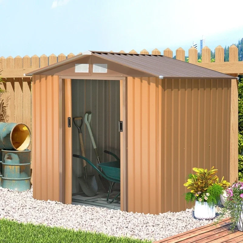 200cm*156cm*200cm  Steel Outdoor Shed Organizer, Garden Storage with 4 Vents for Airflow and 2 Easy Sliding Doors, Brown