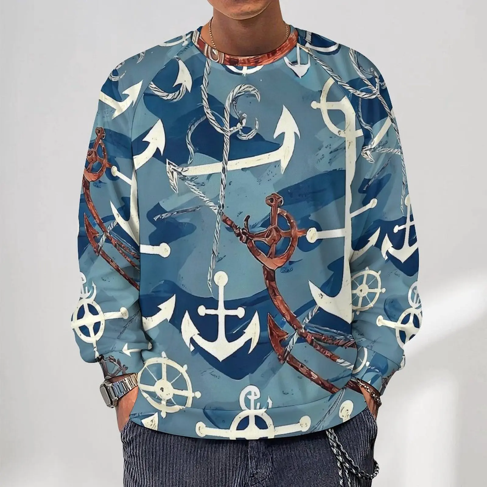 Retro Nautical Anchor Streetwear Sweatshirts Winter  Aesthetic Hoodies Men Oversized Loose Graphic O Neck Hoodie