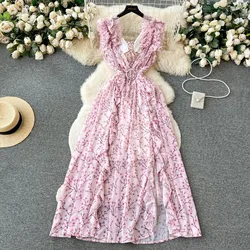 Seaside Maxi Floral Printing Tank Dress Summer Sweet Edible Tree Fungus Midi Robe Pleated Chiffon Ruffles Beach Sleeveless Skirt