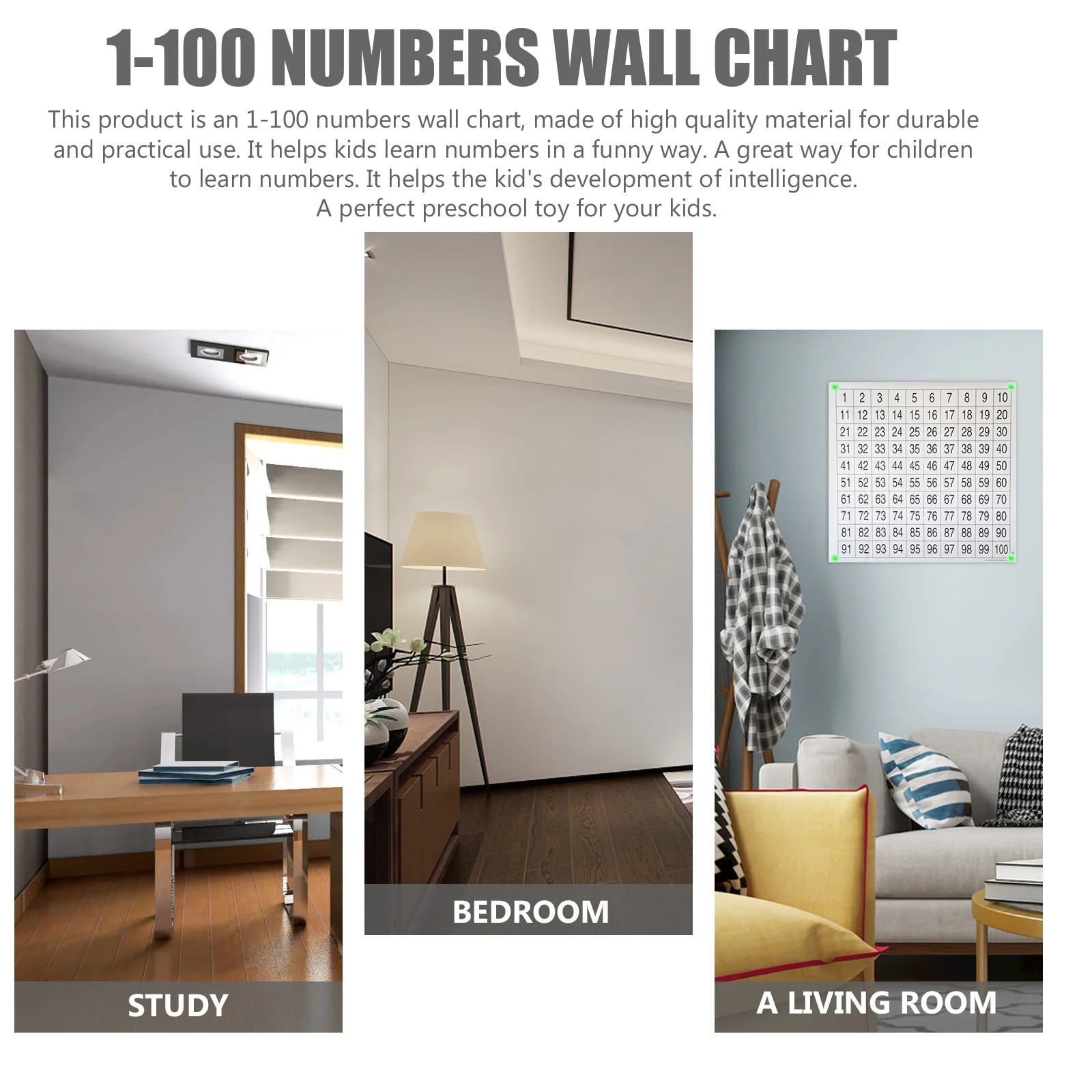 

1Set Numbers Wall Chart 1-100 Learning Poster Preschool Educational Fun Number Recognition Early Education Child Development