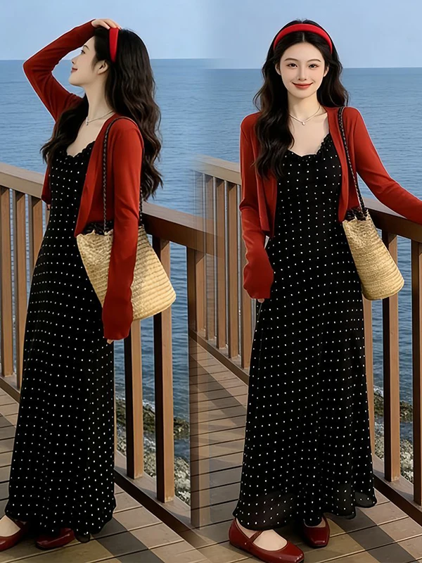 

Elegant Red Long Sleeve Wrap Dress And Cardigan Two Piece Set for Women Spring Summer Vacation Casual Fashion Outfit