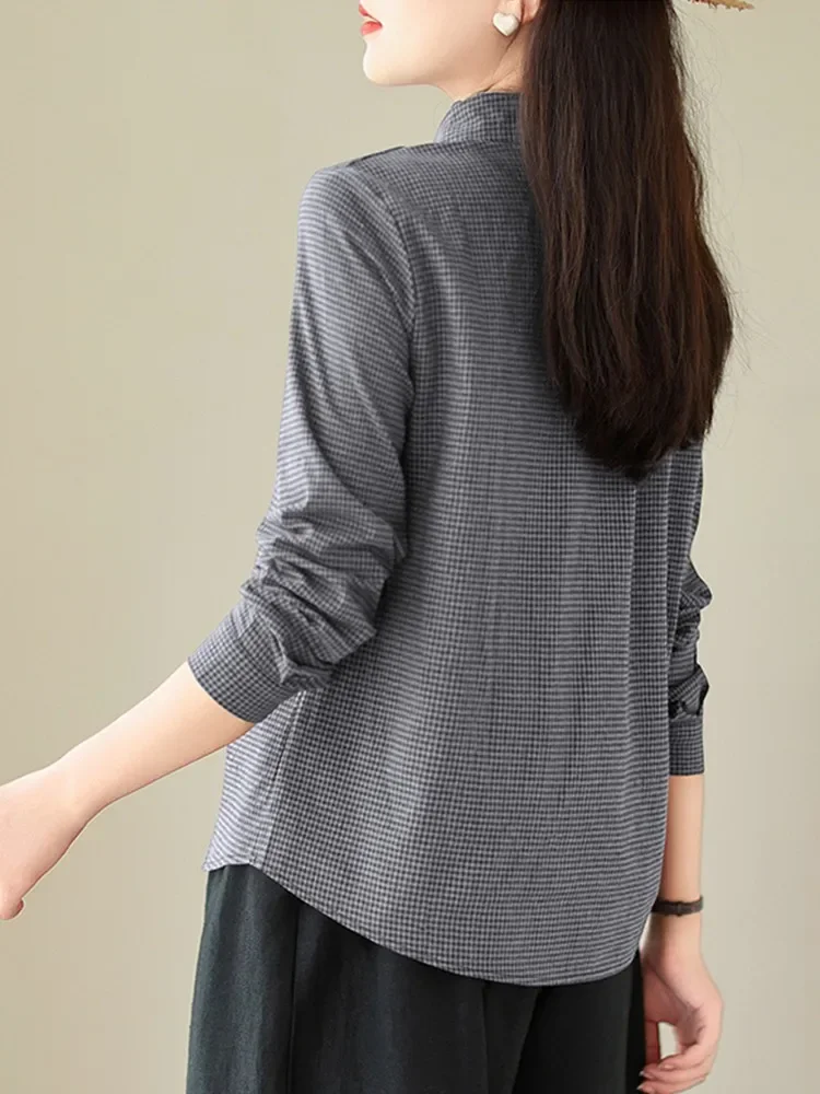 QWFR femmes à manches longues chemise décontractée nouveauté 2023 Style Vintage motif à carreaux tout-match ample femme couverture en coton chemises