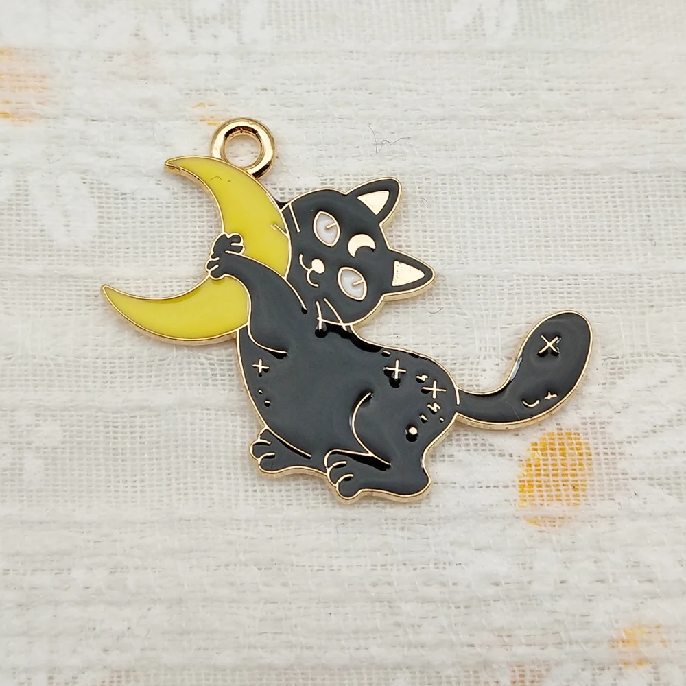 10pcs Sun Moon Cat Charms for Jewelry Making Enamel Necklace Keychain Phone Pendant Diy Accessories Alloy Metal Gold Plated